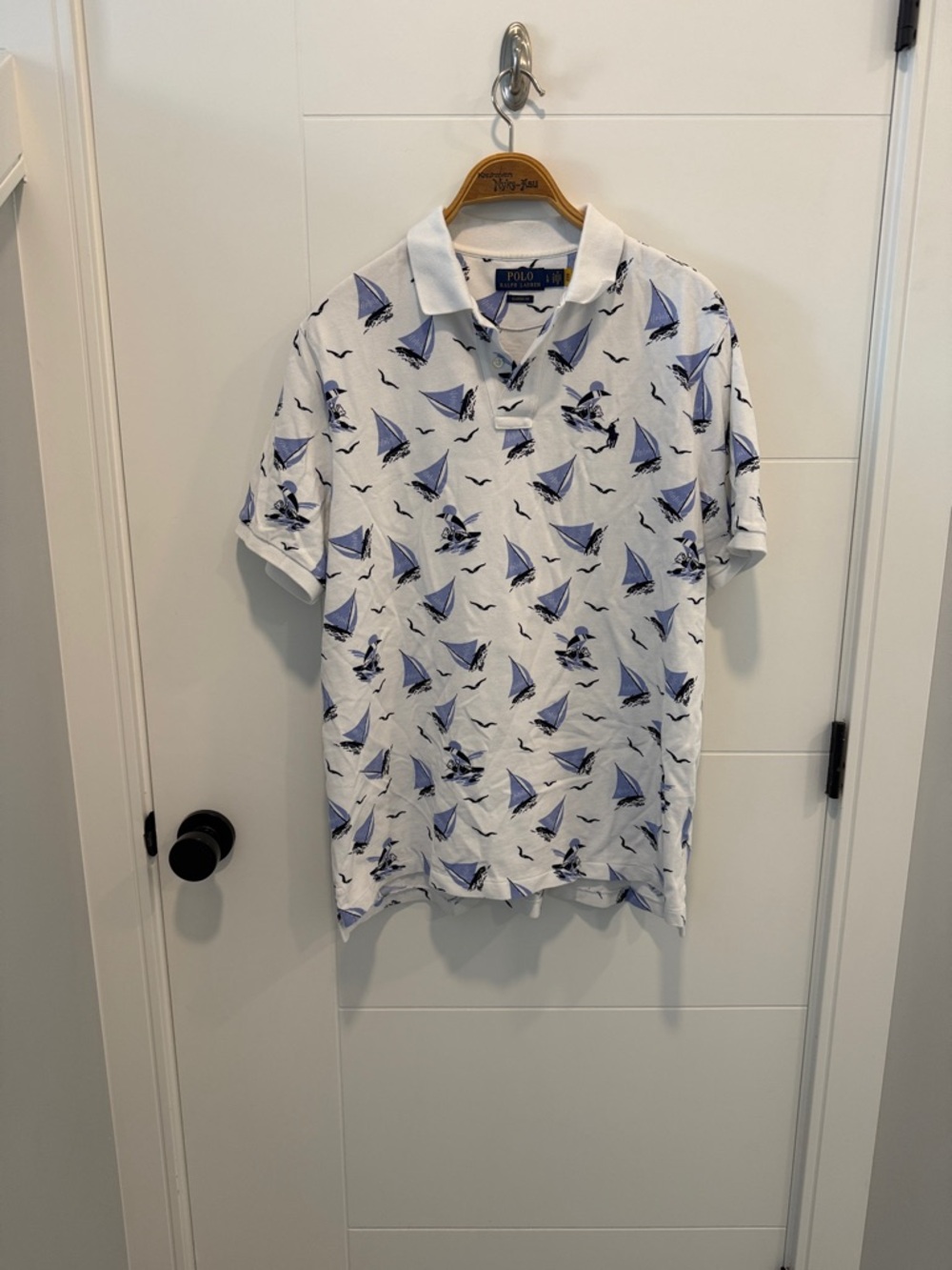 Polo by Ralph Lauren White Polo Shirt with Blue Sailboat Print